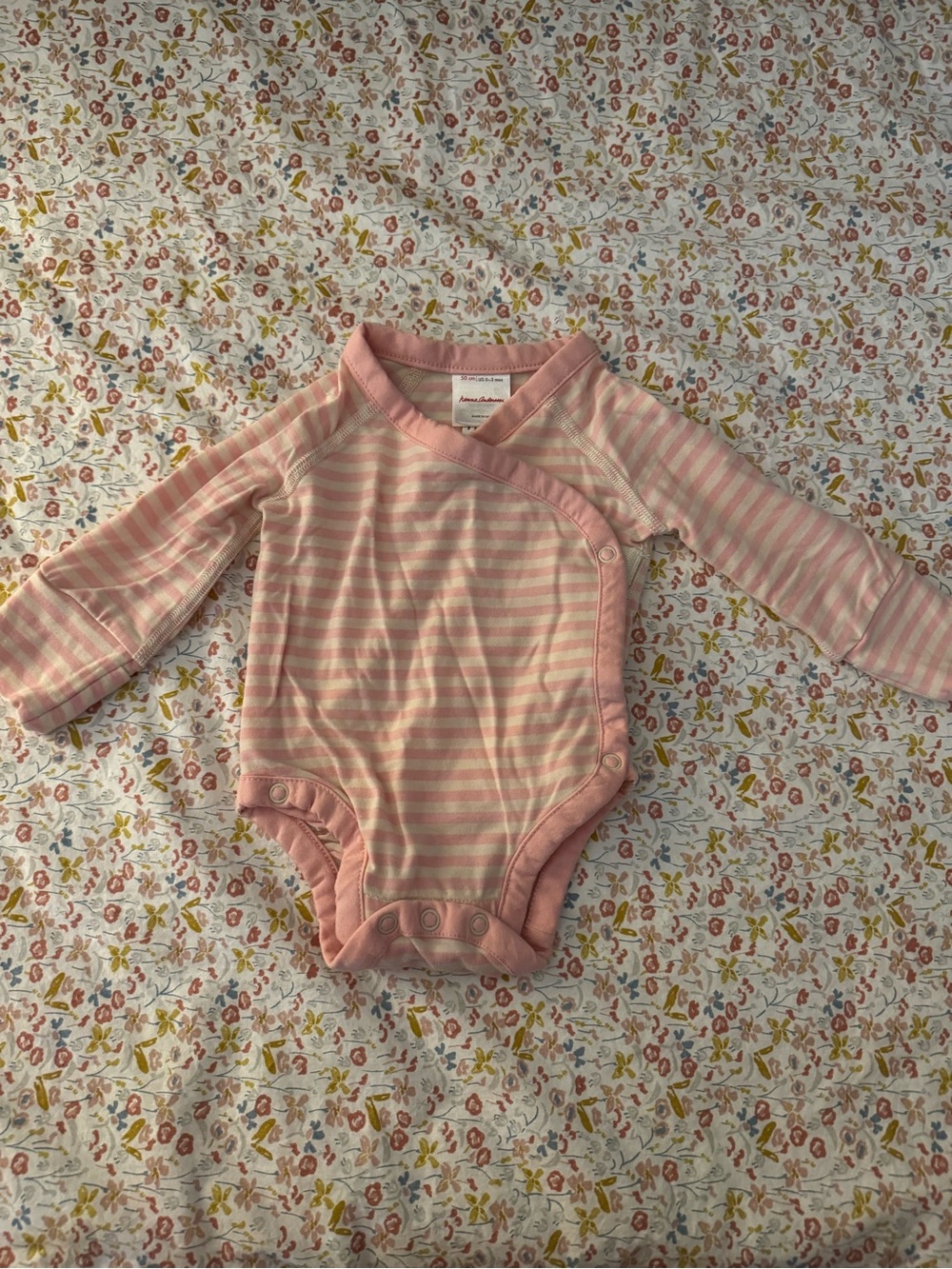 Like New Hanna Andersson Pink and Cream Striped Wrap-Front One-Piece Bodysuit